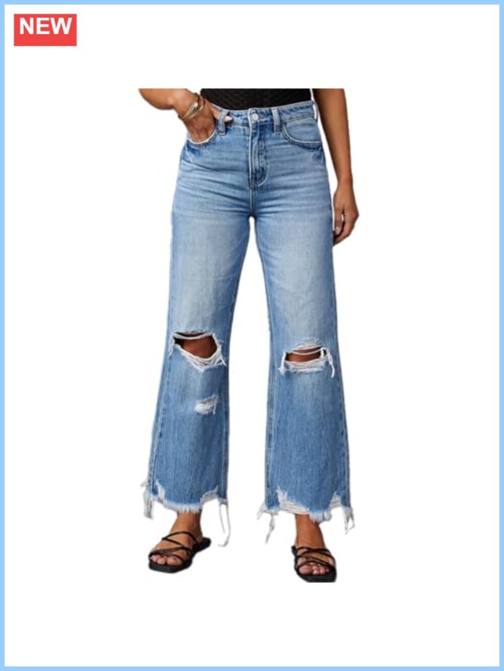 High Rise Ripped Wide Leg Jeans Distressed Raw Hem Boyfriend Denim Pants